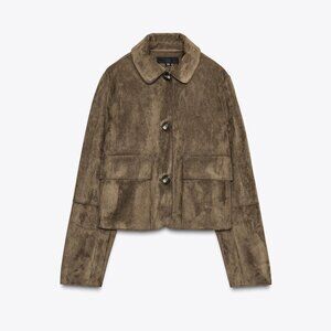 Zara Short Faux Suede Jacket, Khaki, Size M